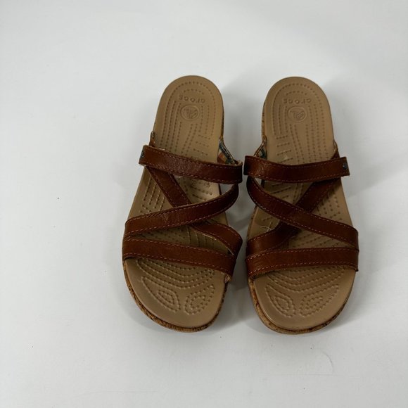 Crocs Sandals Brown Leather A-Leigh Cork Low Wedge Size 8 Slip On - Picture 9 of 11